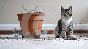 Playful tabby cat amid scattered potting soil from the plant pot on the white rug. Funny kitten. Concept of mischievous