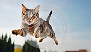 a playful tabby cat defies gravity, caught mid-air while jumping.