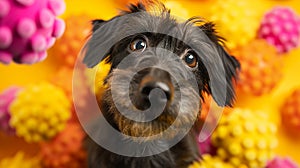 Playful terrier with squeaky toys in vibrant studio