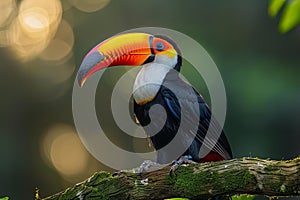 A playful toucan perched on the tree branch of an enchanted rainforest, its vibrant beak and colorful plumage adding color to nat photo
