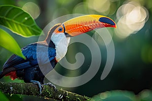 A playful toucan perched on the tree branch of an enchanted rainforest, its vibrant beak and colorful plumage adding color to nat photo