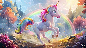 a playful unicorn with a colorful mane cavorting in a mystical forest photo