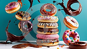 Playful Vertical Stack of Colorful Donuts Against a Teal Background