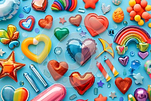 A playful and vibrant assortment of colorful hearts, stars, and rainbows