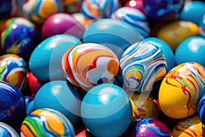 A playful and vibrant stack of colorful marbles, creating a delightful toy collection, Vibrantly colored Easter eggs during an