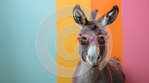 Chill Donkey in Pastel Shades: A Fun Wall Art Depicting a Laidback Animal with Cool Sunglasses against a Colorful Backdrop photo