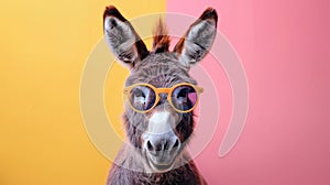 Chill Donkey in Pastel Shades: A Fun Wall Art Depicting a Laidback Animal with Cool Sunglasses against a Colorful Backdrop photo