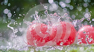 A playful water balloon fight in the backyard with watermelonshaped balloons bursting and splashing water everywhere