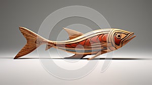 Playful Wood Carving Of A Fish In Light Red And Sky-blue