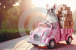 playful world where a white French bulldog navigates a pink toy car filled with boxes amidst a serene outdoor landscape, photo