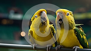 Playful Yellow And Gold Parrots On A Railing: A Close-up Caricature