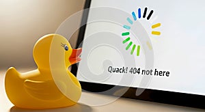 Yellow rubber duck beside a computer screen displaying a loading symbol and error message