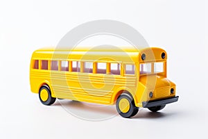 Playful yellow school bus toy on white background, Generative AI