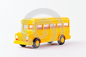 Playful yellow school bus toy on white background, Generative AI