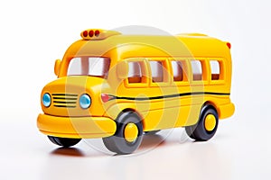 Playful yellow school bus toy on white background, Generative AI