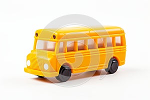 Playful yellow school bus toy on white background, Generative AI