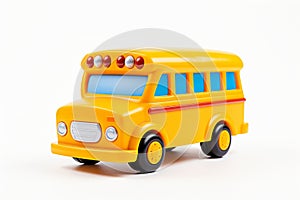 Playful yellow school bus toy on white background, Generative AI