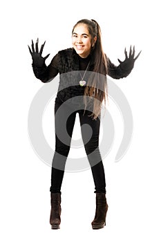 Playful young brunette in gloves with claws