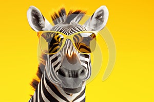 Playful zebra wearing oversized yellow sunglasses, set against a vibrant yellow background