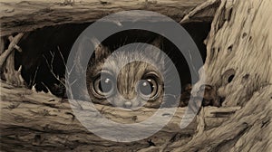 Playfully Dark Illustration: Cat Peeking Through Stump Hole