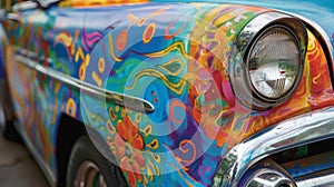 A playfully painted vintage car serves as the centerpiece a nod to Cubas love for classic American automobiles and their