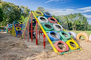 Playground built with old tires for children plays