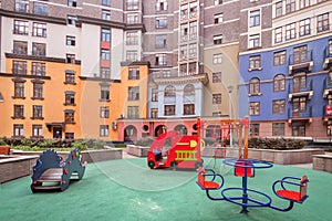 Playground for children and house building exterior mixed-use urban multi-family residential district area development