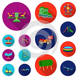 Playground, entertainment flat icons in set collection for design. Attraction and equipment vector symbol stock web