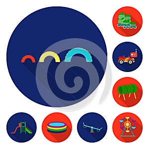 Playground, entertainment flat icons in set collection for design. Attraction and equipment vector symbol stock web