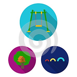 Playground, entertainment flat icons in set collection for design. Attraction and equipment vector symbol stock web