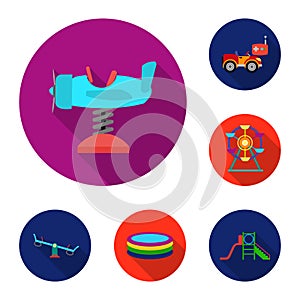 Playground, entertainment flat icons in set collection for design. Attraction and equipment vector symbol stock web