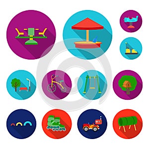 Playground, entertainment flat icons in set collection for design. Attraction and equipment vector symbol stock web