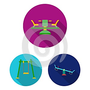 Playground, entertainment flat icons in set collection for design. Attraction and equipment vector symbol stock web