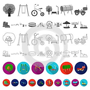 Playground, entertainment flat icons in set collection for design. Attraction and equipment vector symbol stock web