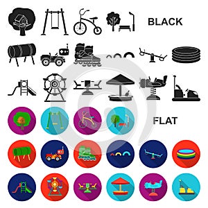 Playground, entertainment flat icons in set collection for design. Attraction and equipment vector symbol stock web