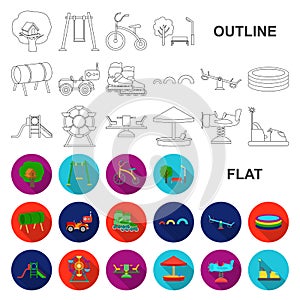 Playground, entertainment flat icons in set collection for design. Attraction and equipment vector symbol stock web