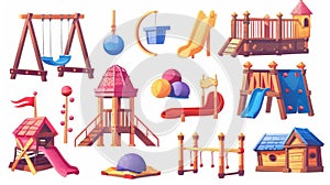 Playground equipment for kids: swing, slide, sandbox, seesaw, toys, ball isolated on white background, modern cartoon