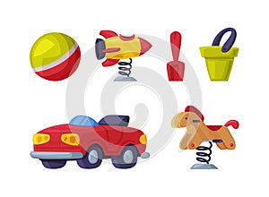 Playground Equipment with Toys and Roundabout Vector Illustration Set