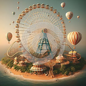 A playground with ferris wheel, roller coaster, carousel, air ballons, beautiful and fun scene, dreamlike, funland, design, art