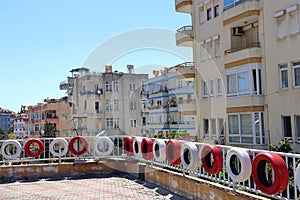 A playground fired with colored car tires among residential buildings, Alanya, April 2021