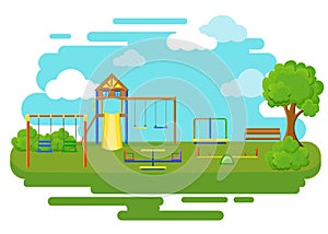 Playground flat icons set with swing carousels slides and stairs isolated