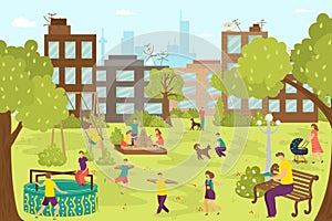 Playground for fun childhood at outdoor park, cute cartoon girl boy people vector illustration. Young happy kids play at