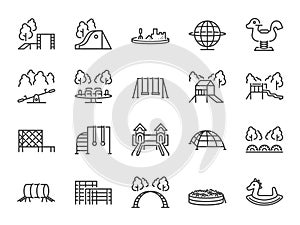 Playground icon set. Included icons as kids outdoor toy, sandbox, children parks, slide, monkey bar, dome climber, jungle gym and