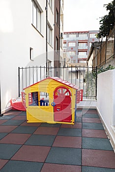 Playground kid zone in a hotel rest territory. Modern children playground, Children playground on yard activities in park