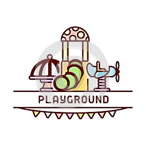 Playground kids card with carousel, swing and tube