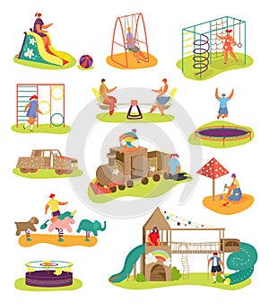 Playground with kids elements collection, vector illustration. Outdoor entertainment for children charcater. Boy girl