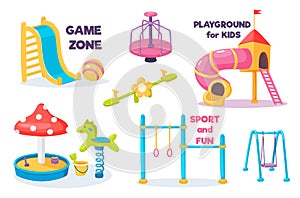 Playground for kids set with slide and swing, carousel and sandbox and horizontal bar with rings. Children area for