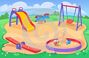 Playground in a park or kindergarten in summer with no kids. Cartoon background
