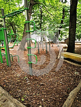 Playground in the park with a lot of green trees and benches