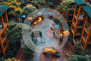 Playground in park with modern equipment surrounded by greenery